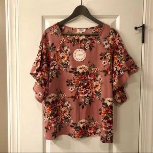 Umgee Pink Floral Ruffle Sleeve Blouse